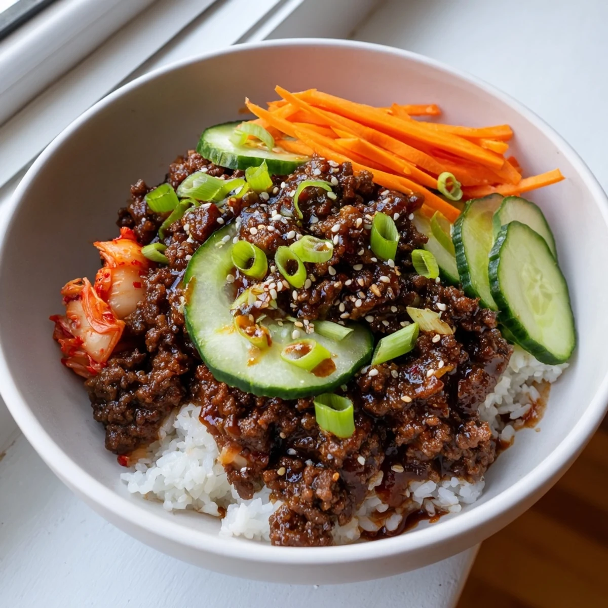 A warm Korean ground beef bowl featuring glossy spiced beef over fluffy white rice