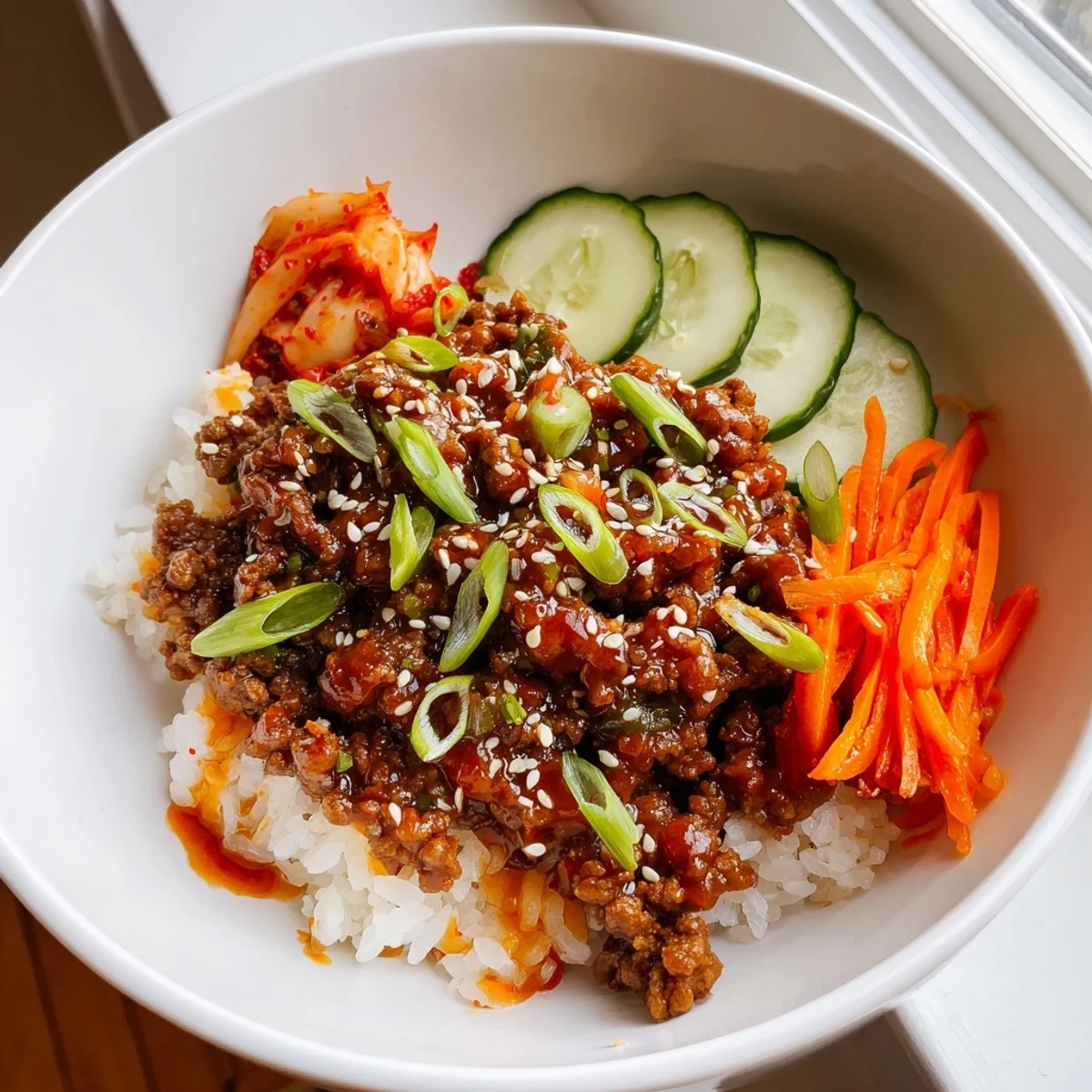 Savory Korean ground beef bowl topped with julienned carrots, cucumber, and toasted sesame seeds