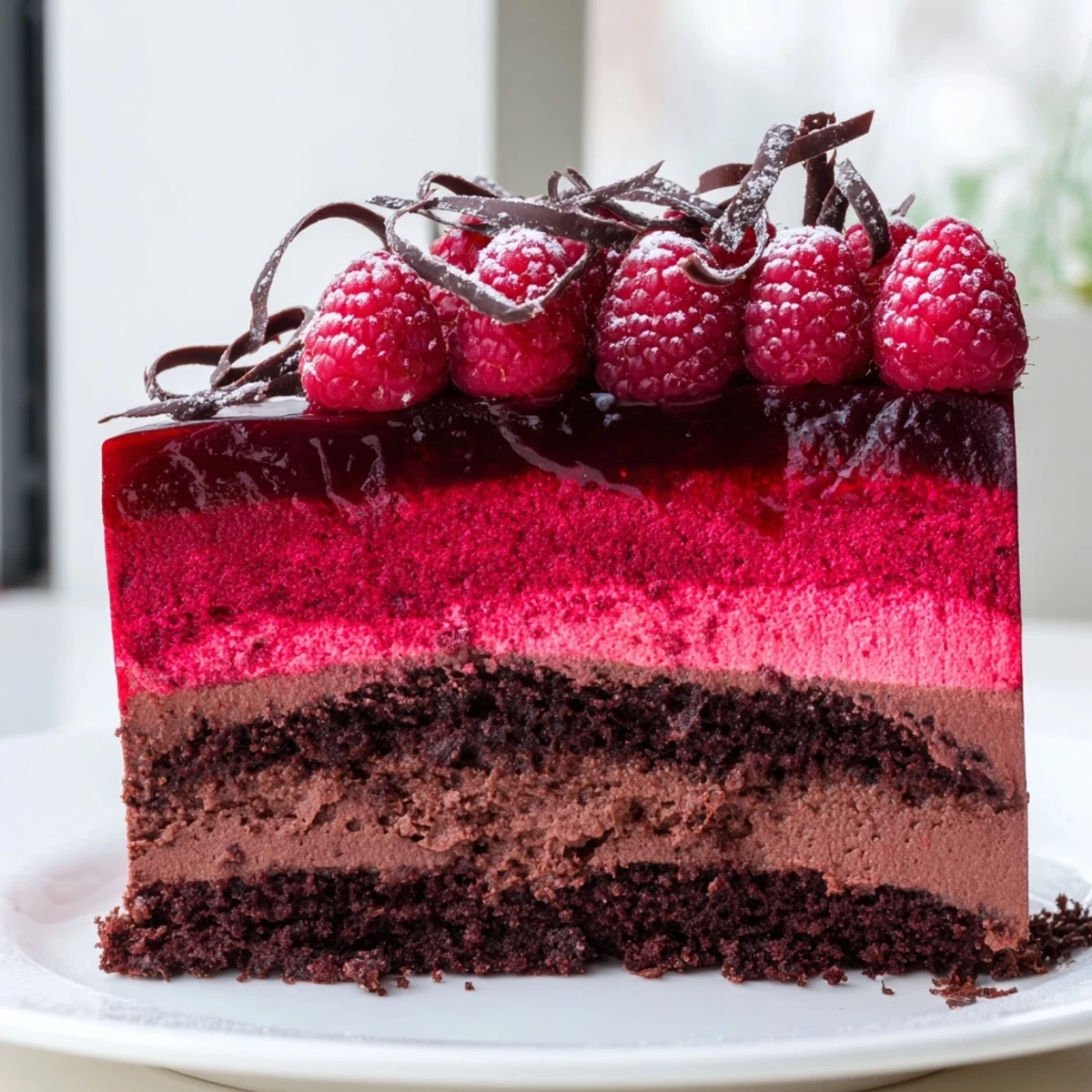 Slice of raspberry chocolate mousse cake topped with fresh berries and chocolate curls
