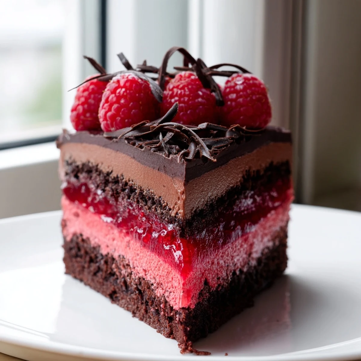 Elegant raspberry chocolate mousse cake with glossy berry topping, served on a white plate