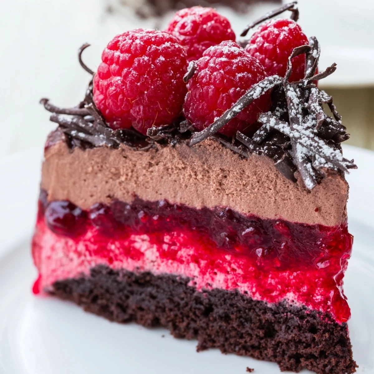 Silky raspberry chocolate mousse cake layered on a dark cocoa crust, dusted with sugar
