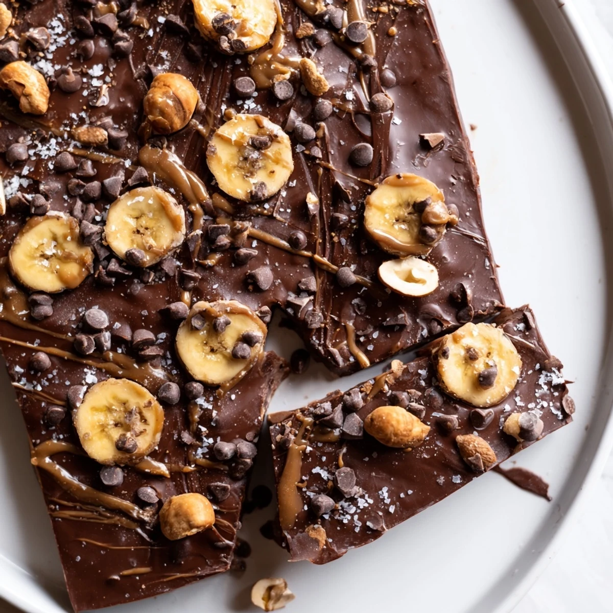 Creamy banana slices coated in rich chocolate with crunchy nuts and flaky sea salt on top