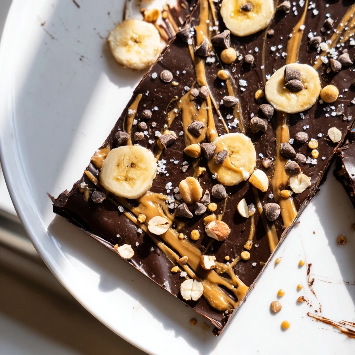 Dark chocolate banana bark topped with roasted peanuts and a golden peanut butter drizzle
