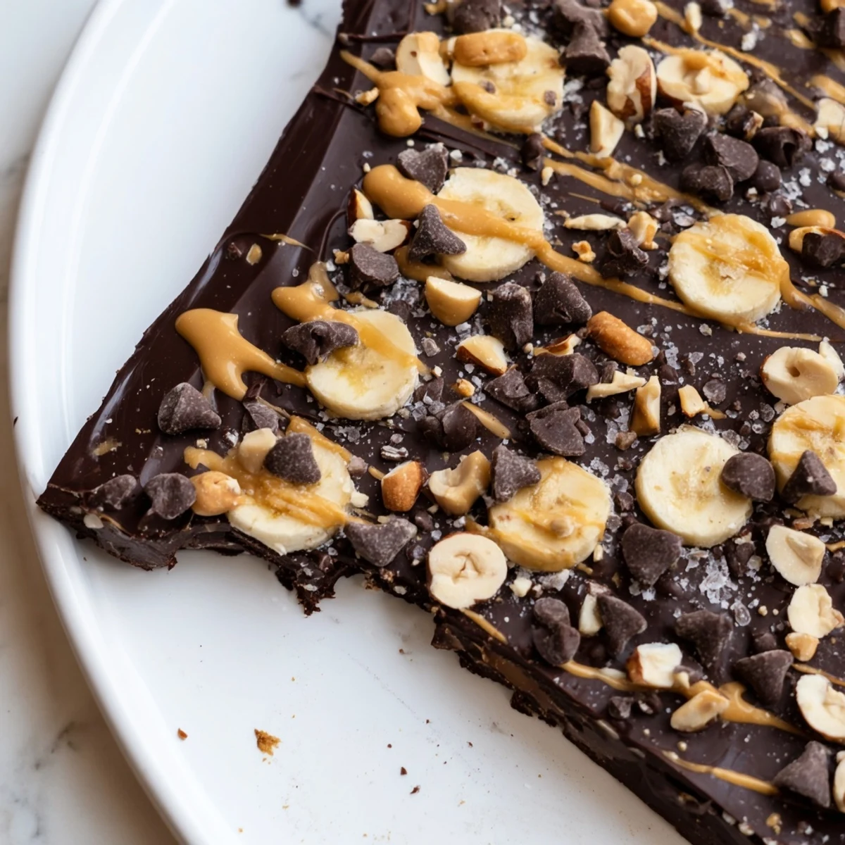 Glossy chocolate-covered banana bark studded with mini chips and crushed nuts ready for snacking