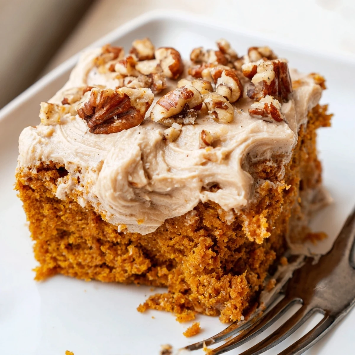 Moist pumpkin pecan cake sliced on a rustic board with swirls of cinnamon cream cheese icing.