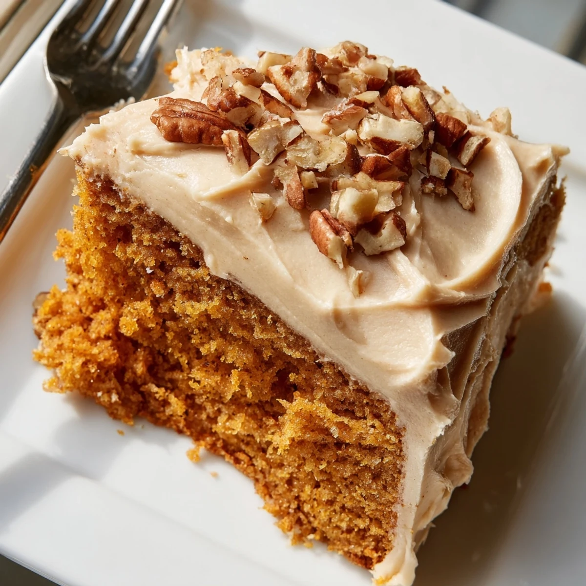 Golden spiced pumpkin pecan cake topped with fluffy cinnamon icing and scattered toasted pecan pieces.