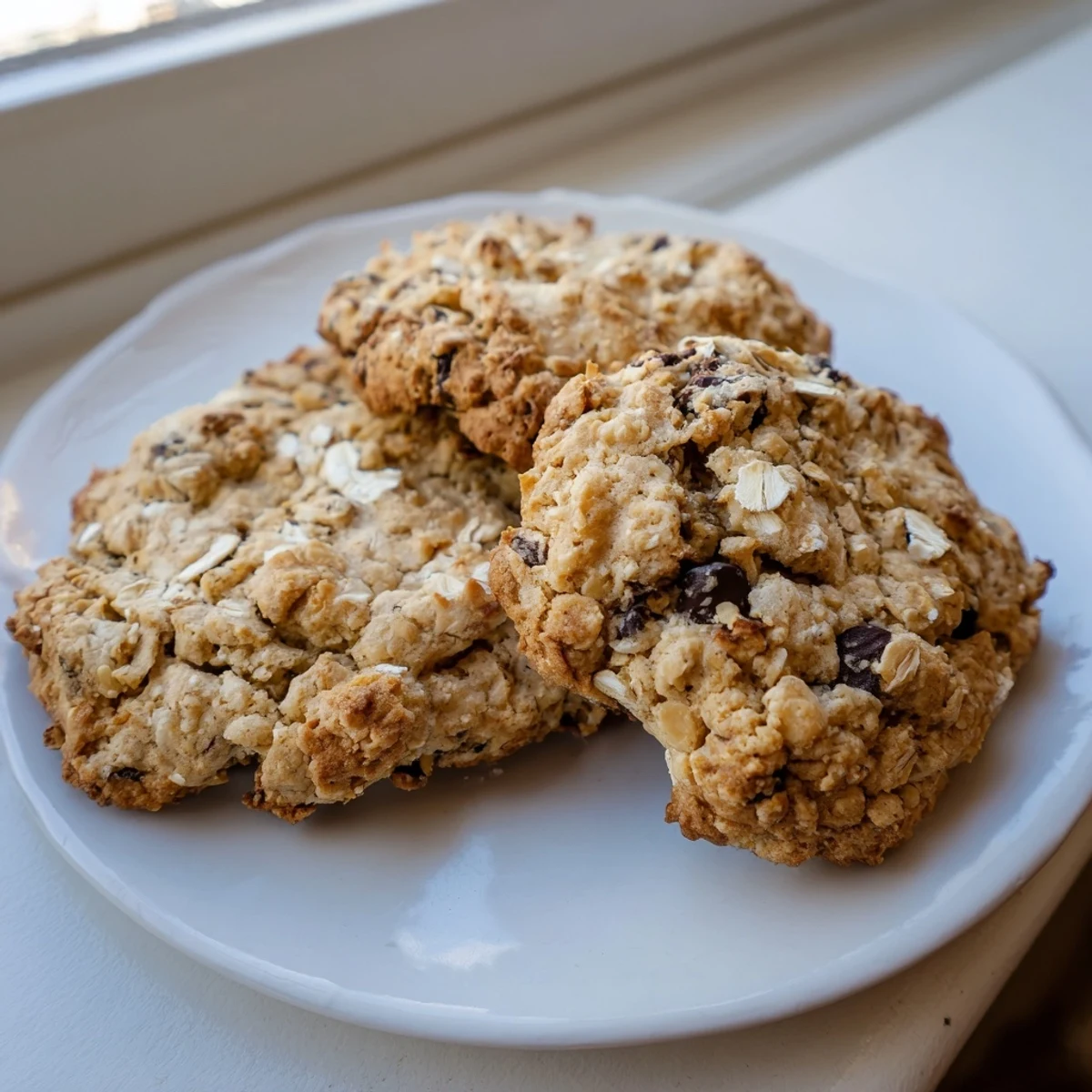 Soft chewy banana oatmeal cookies studded with chocolate chips on parchment