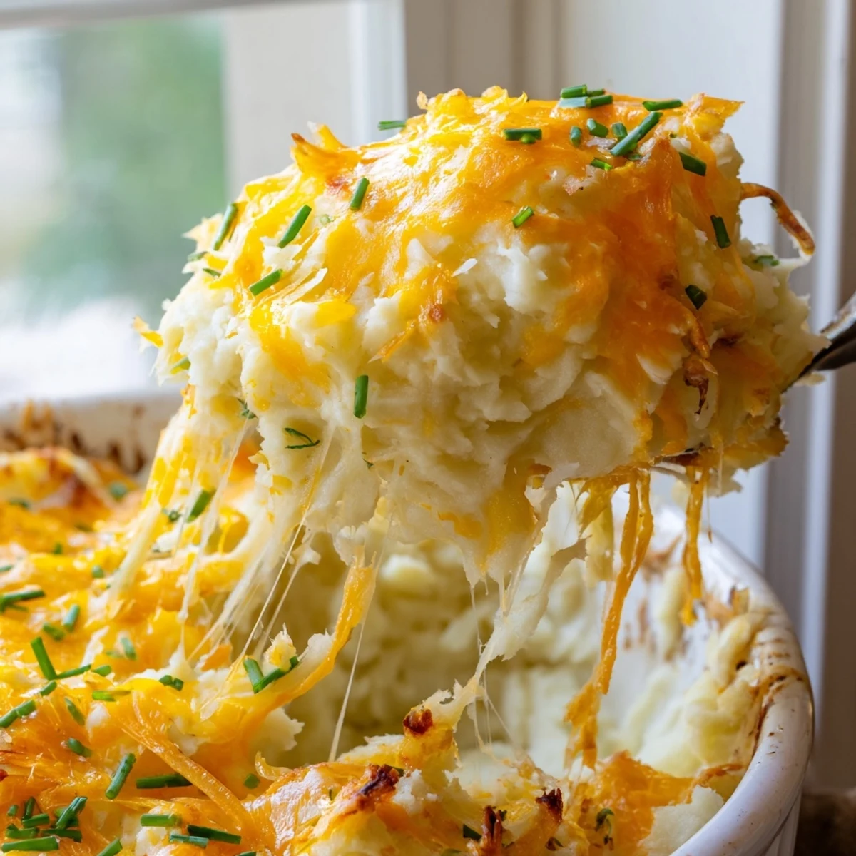 Creamy cheesy onion mashed potato casserole with golden bubbling cheddar on top