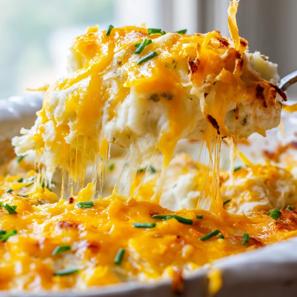 Spoonful of cheesy onion mashed potato casserole showing stretchy melted mozzarella