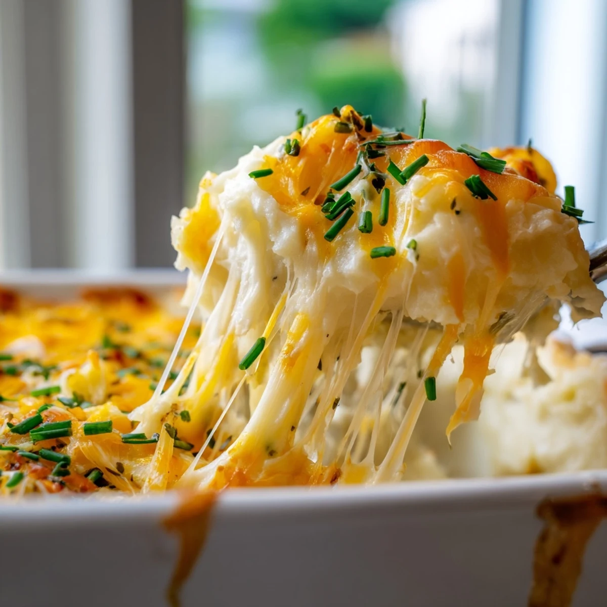 Rustic baking dish of cheesy onion mashed potato casserole garnished with fresh chives