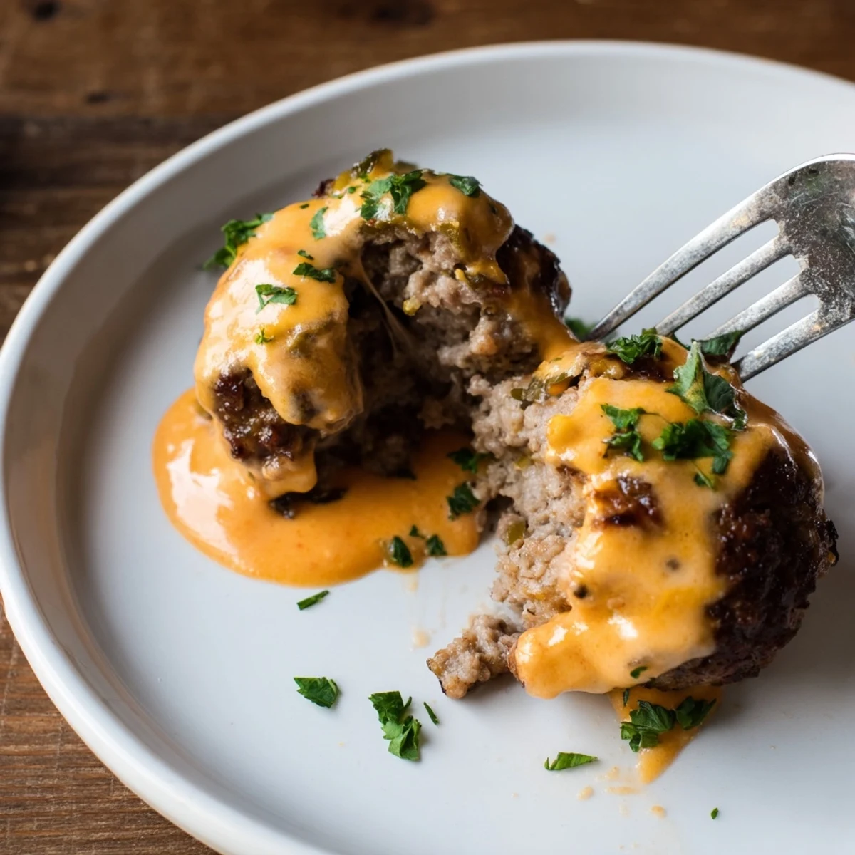 Cheese Stuffed Meatballs smothered in creamy spicy cheese sauce on a rustic plate