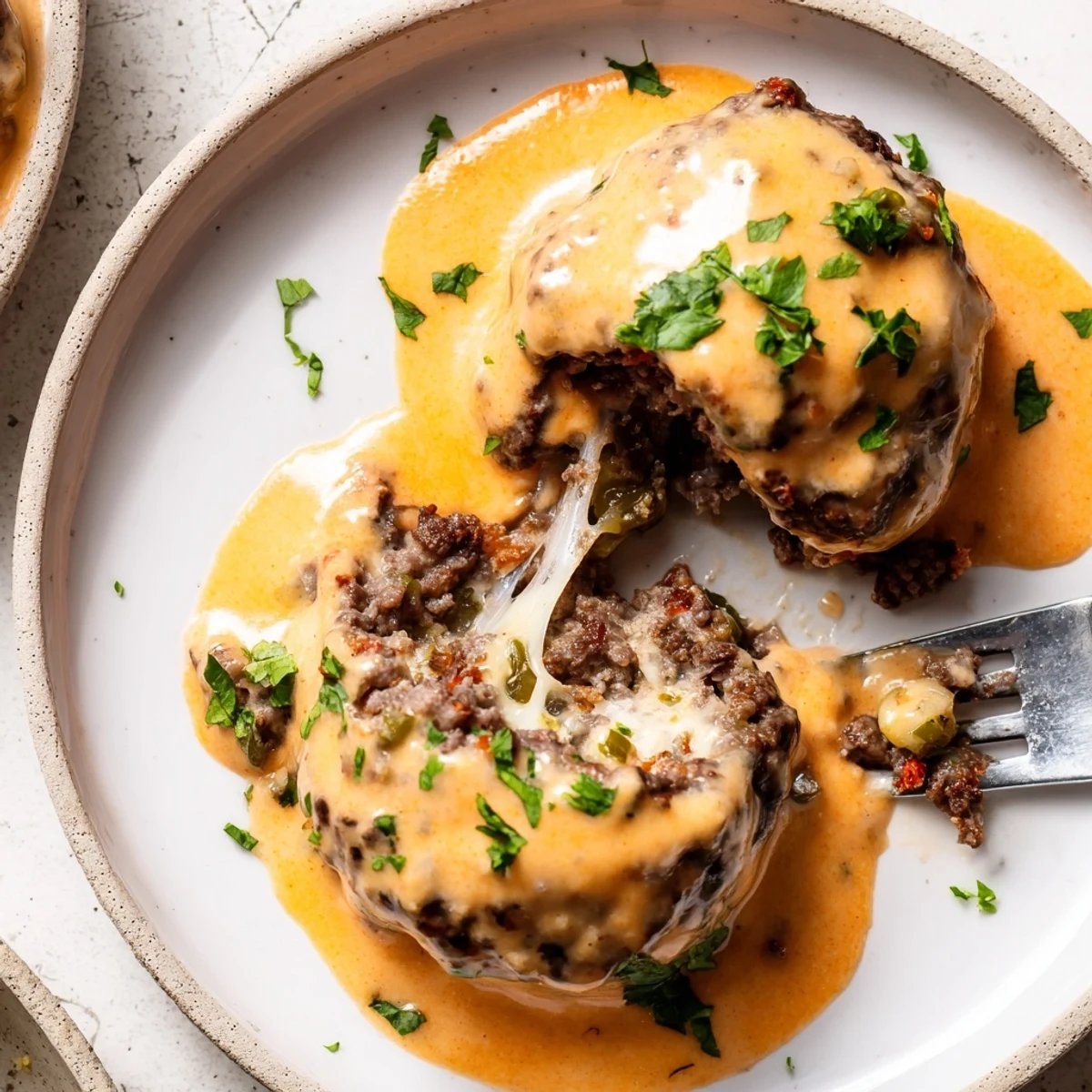 Golden baked Cheese Stuffed Meatballs oozing melted mozzarella drizzled with zesty cheddar sauce