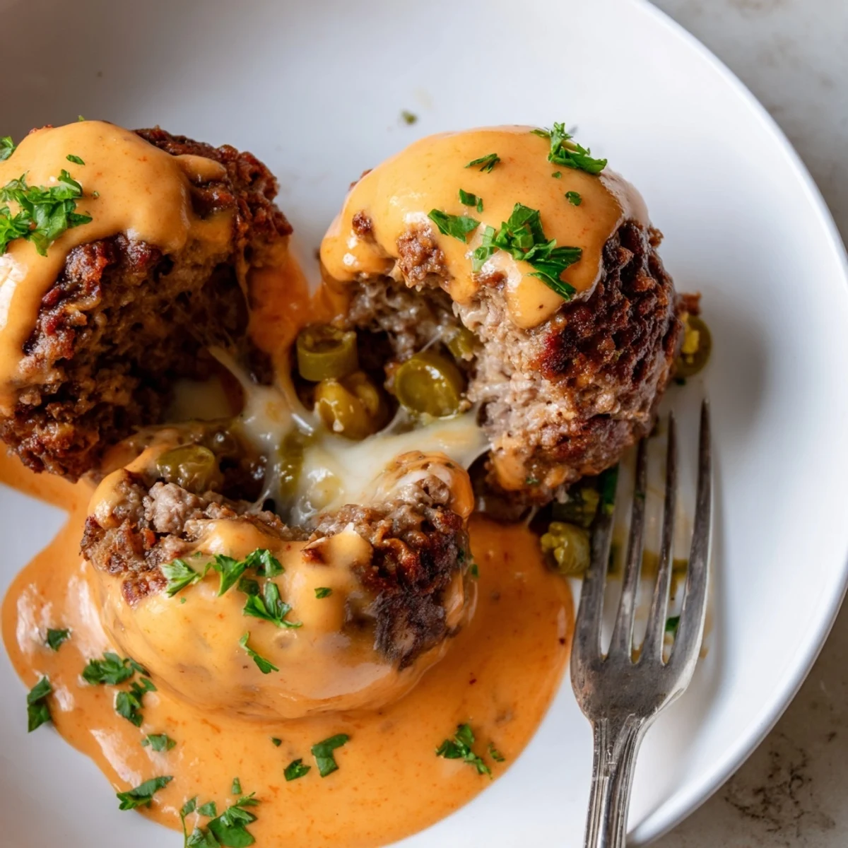 Hearty Cheese Stuffed Meatballs nestled in smoky cayenne cheese sauce garnished with fresh parsley