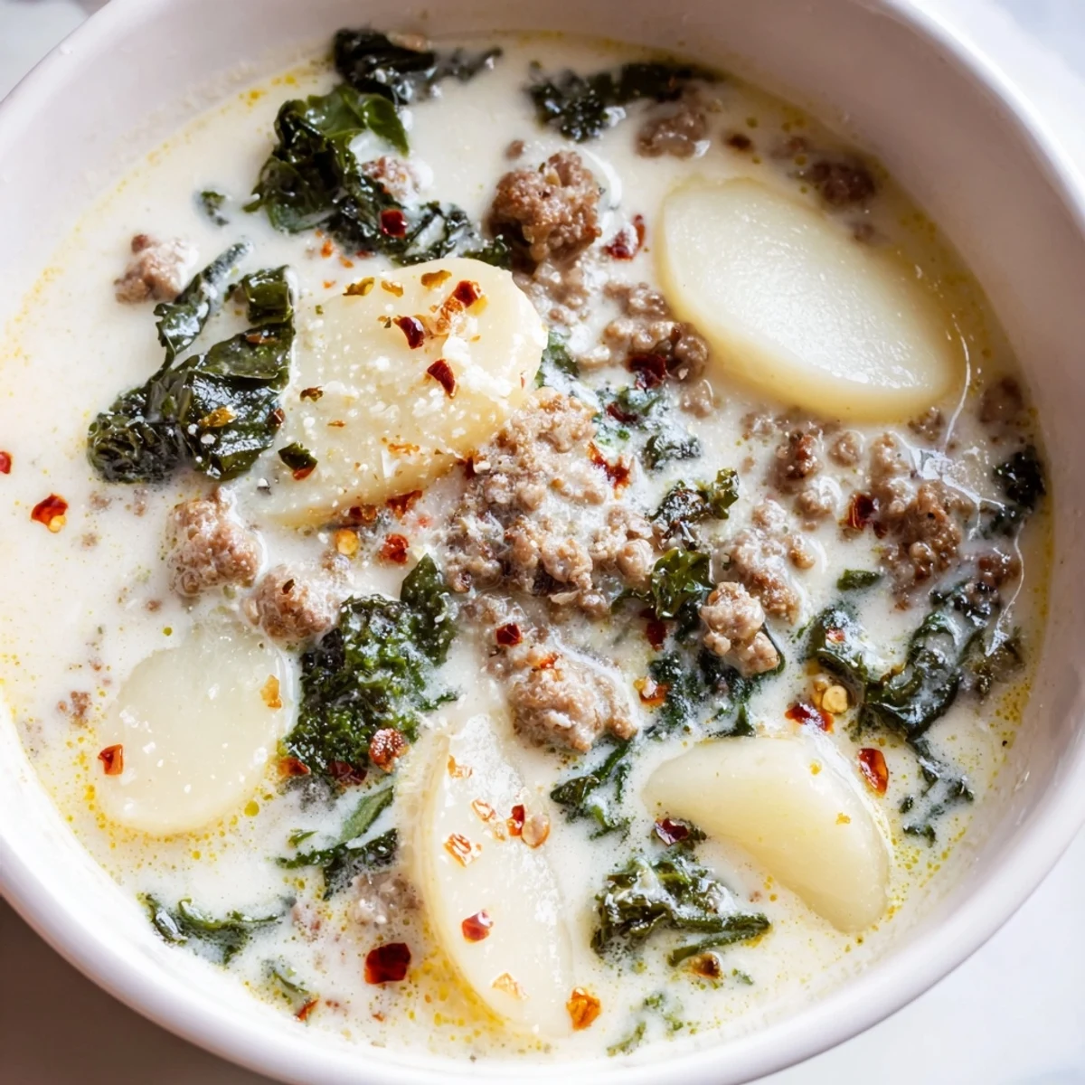Creamy Zuppa Toscana soup with crumbled sausage, tender potatoes, and fresh kale