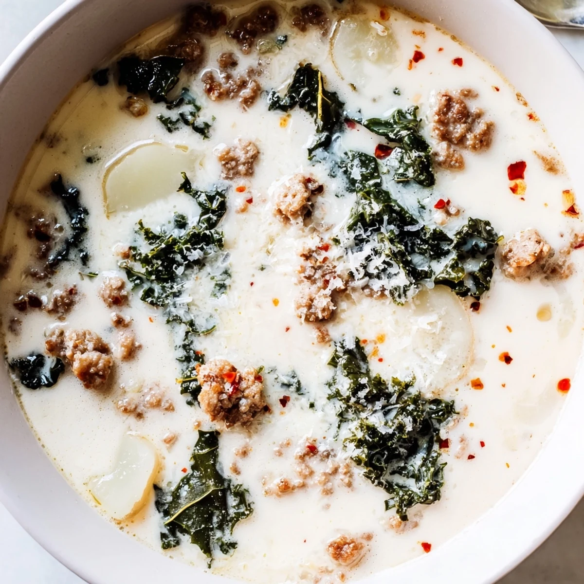 Hearty bowl of Zuppa Toscana soup topped with grated Parmesan and wilted kale