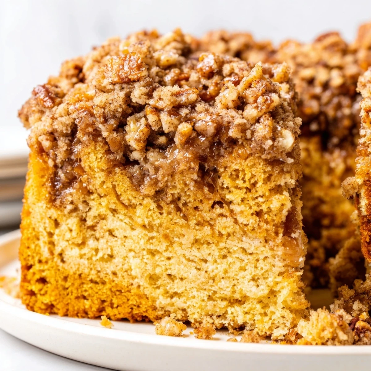 Warm cinnamon pecan crunch coffee cake sliced thick on a rustic white plate