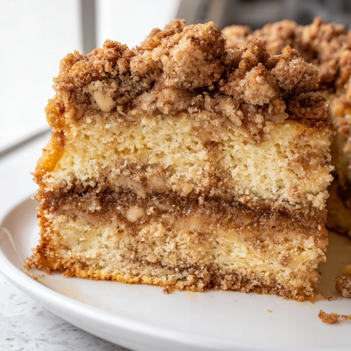 Golden cinnamon pecan crunch coffee cake with a crumbly toasted nut topping