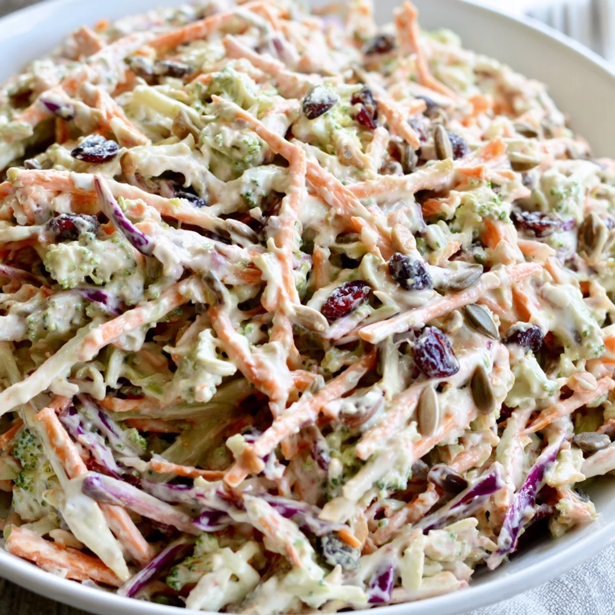 Crispy broccoli slaw tossed in creamy tangy dressing with cranberries and sunflower seeds
