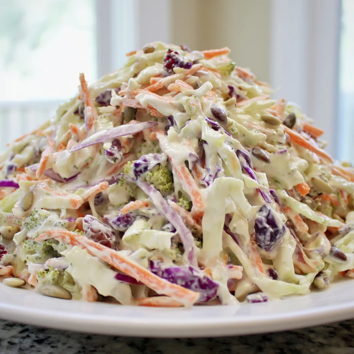 Colorful broccoli slaw with shredded carrots red cabbage and smooth Dijon mustard dressing