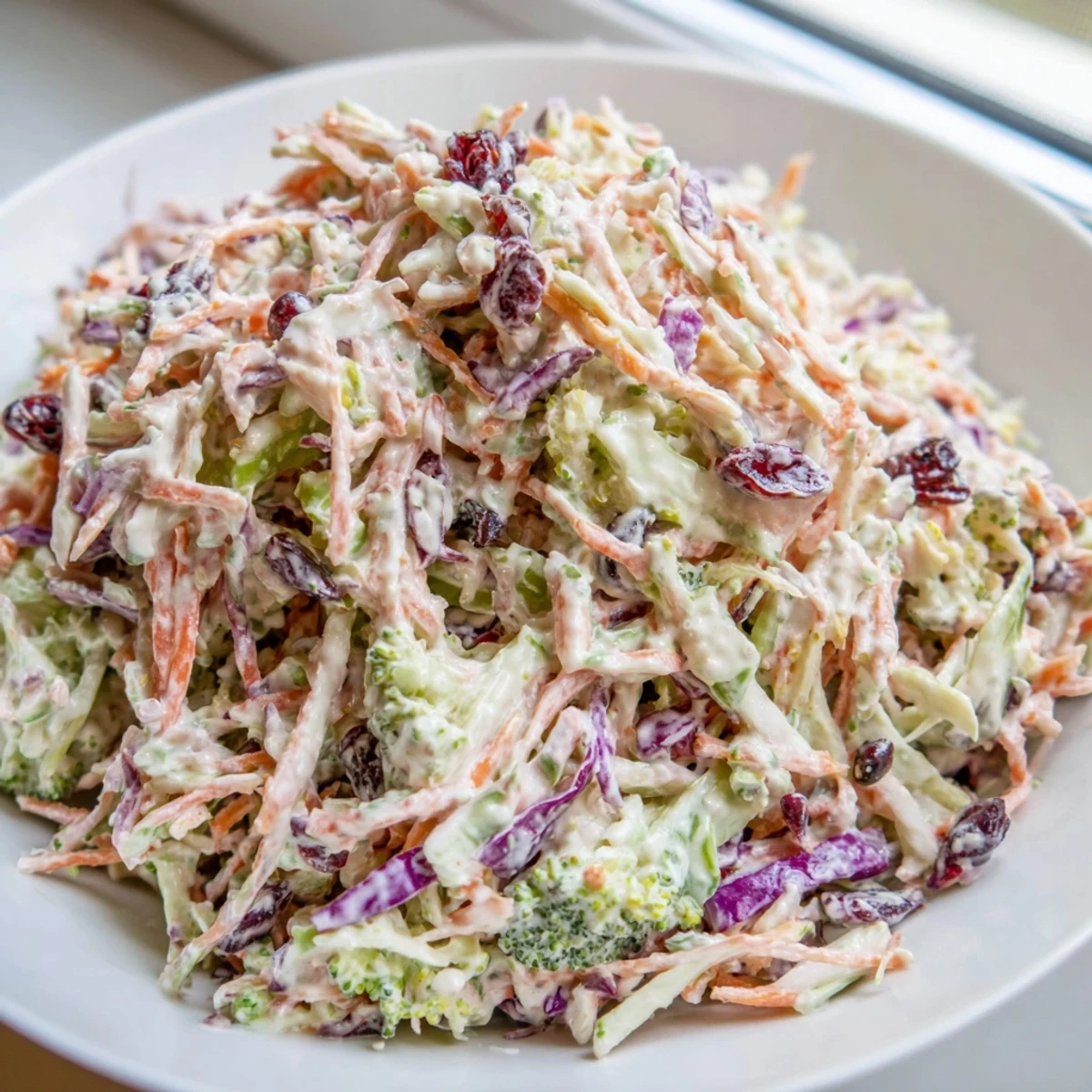 Fresh broccoli slaw served in a bowl topped with dried cranberries and crunchy almonds