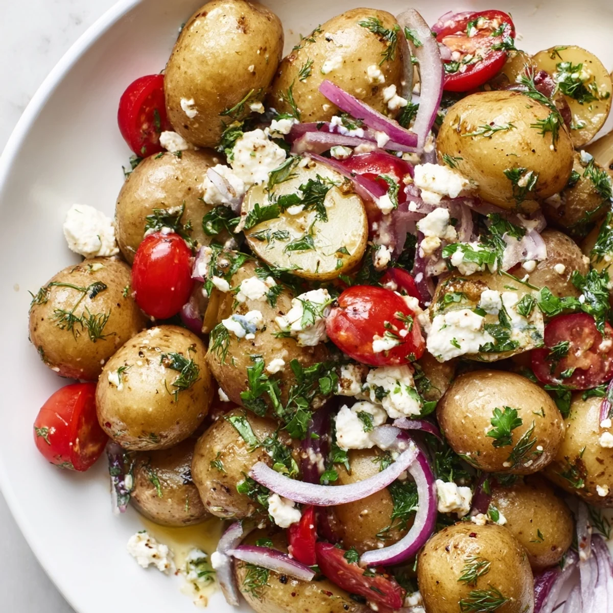 Creamy potato and feta salad with cherry tomatoes, herbs, and lemon dressing