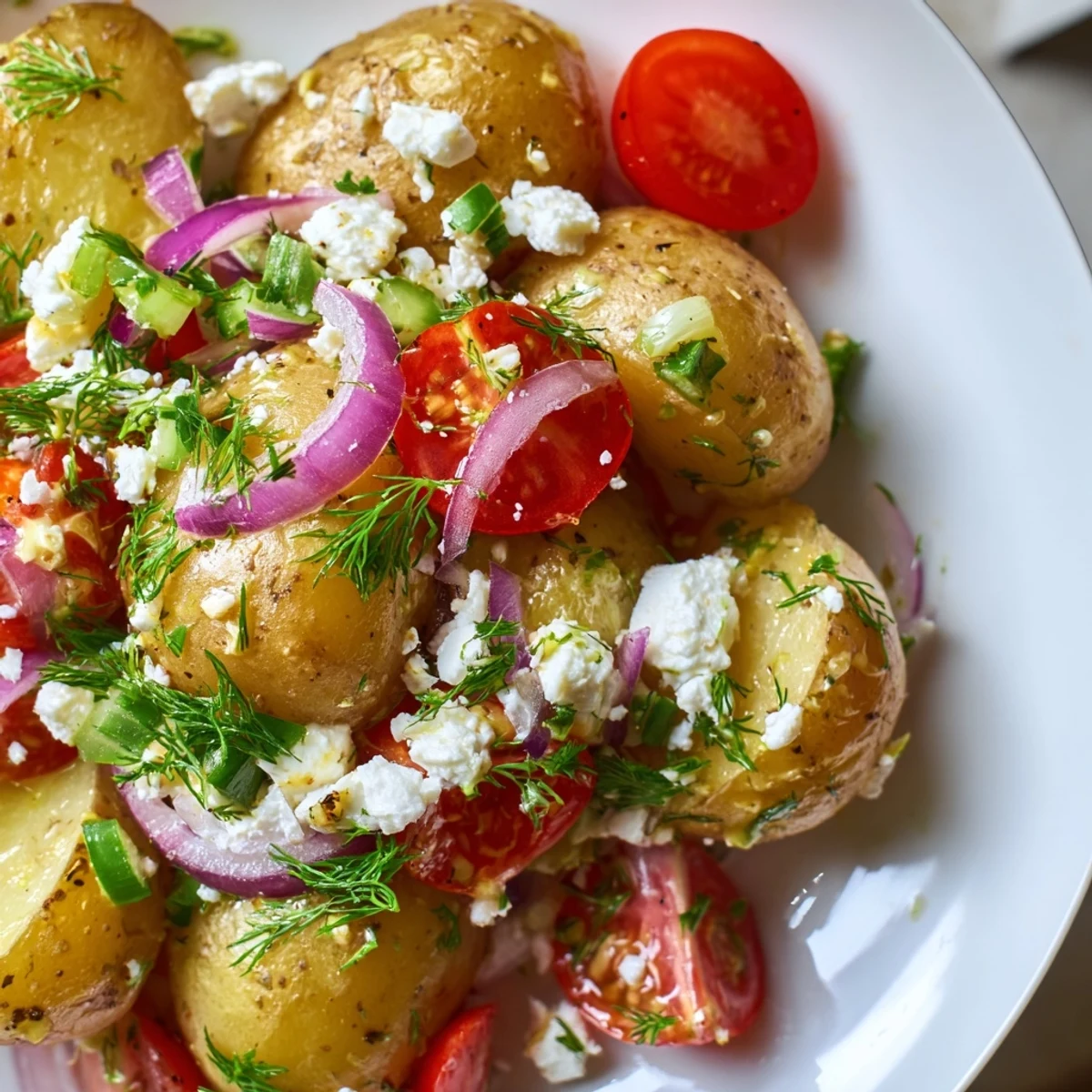 Warm potato and feta salad tossed with fresh dill, red onion, and olive oil