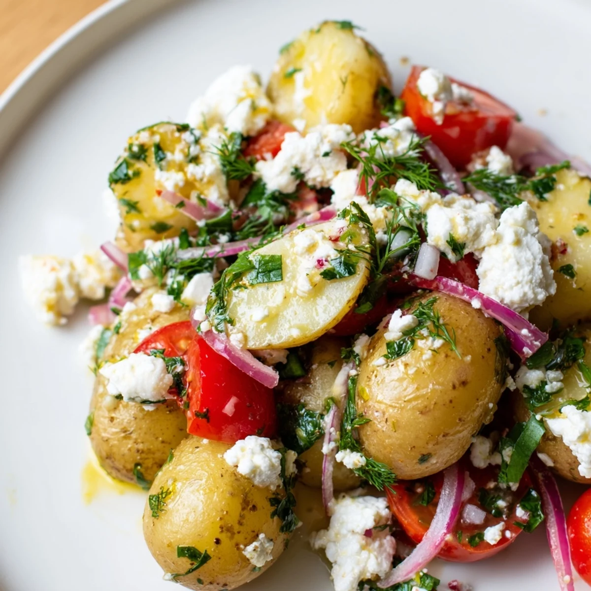 Golden potatoes crumbled with feta cheese, parsley, and tangy Dijon vinaigrette in a bowl