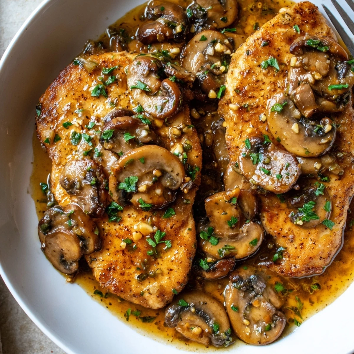 Golden dairy-free Chicken Marsala with earthy mushrooms in a glossy wine sauce on a white plate.