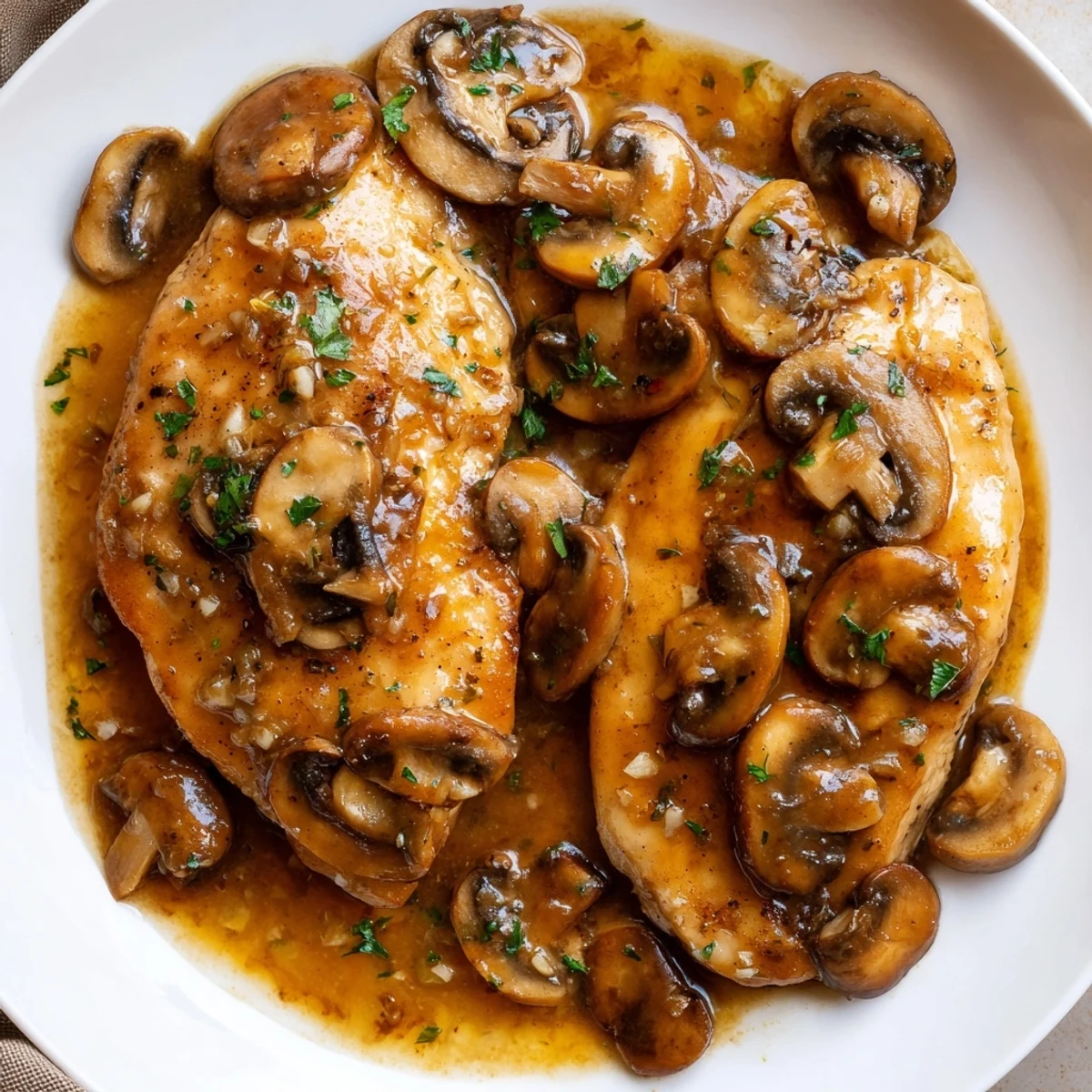 Creamy-looking dairy-free Chicken Marsala draped in rich Marsala mushroom sauce, garnished with fresh parsley.
