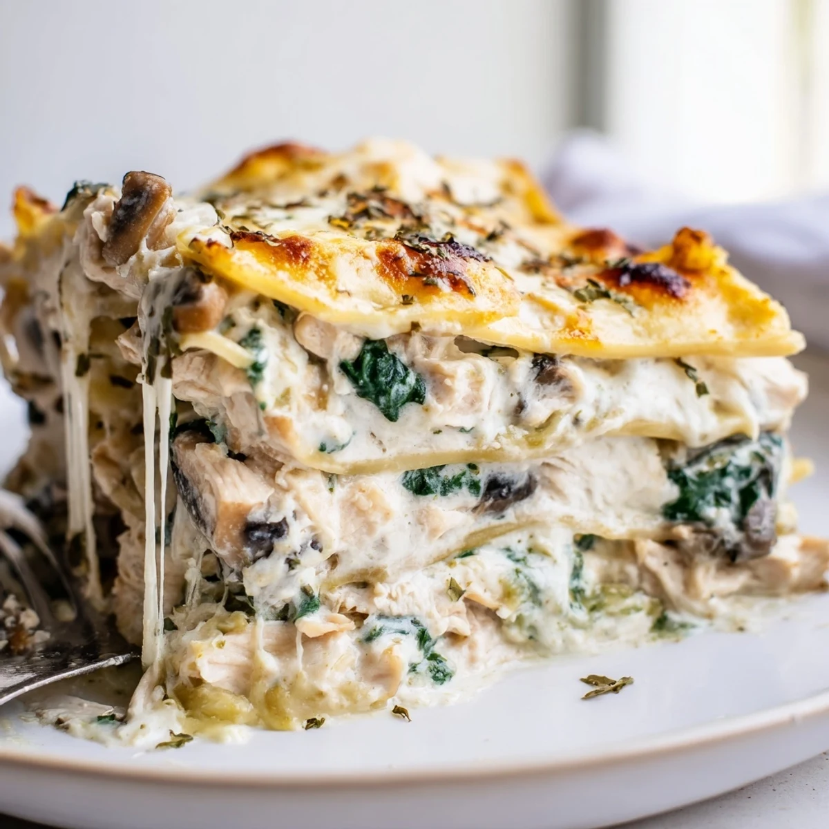 White chicken lasagna with bubbling golden cheese and tender shredded chicken layers