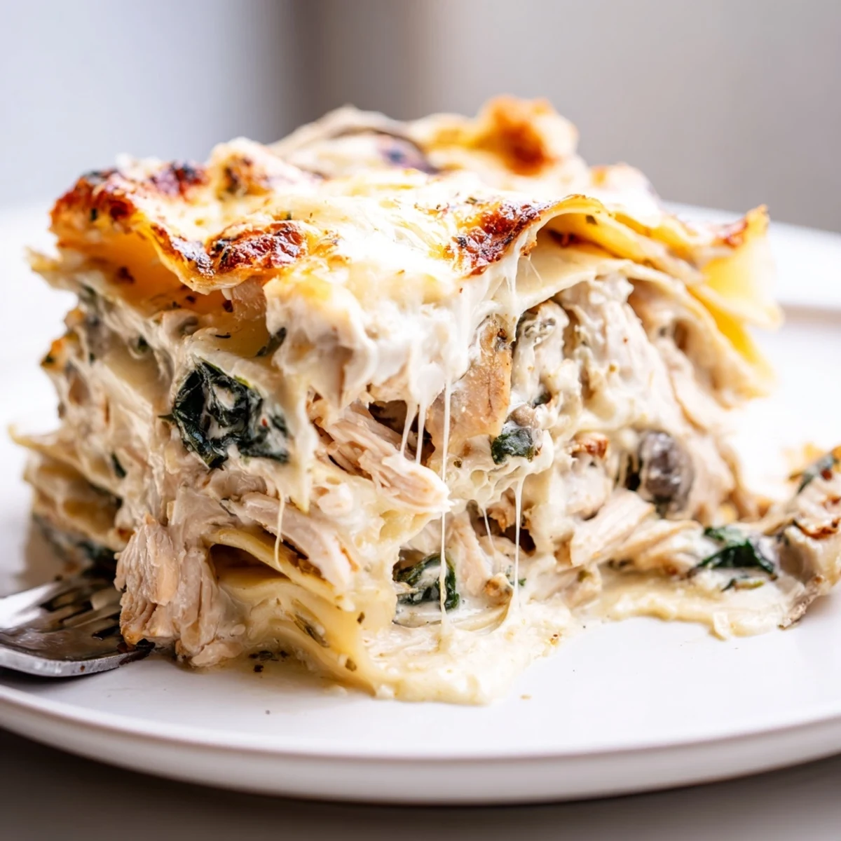 White chicken lasagna fresh from the oven with melted mozzarella and herbs