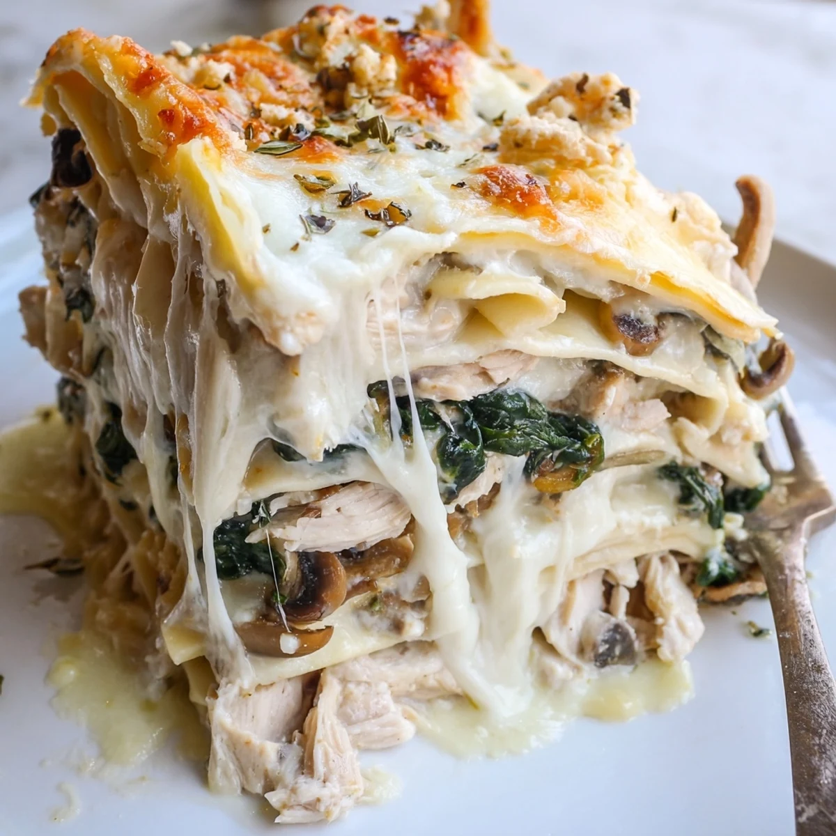 Creamy white chicken lasagna sliced into squares showing rich ricotta and spinach