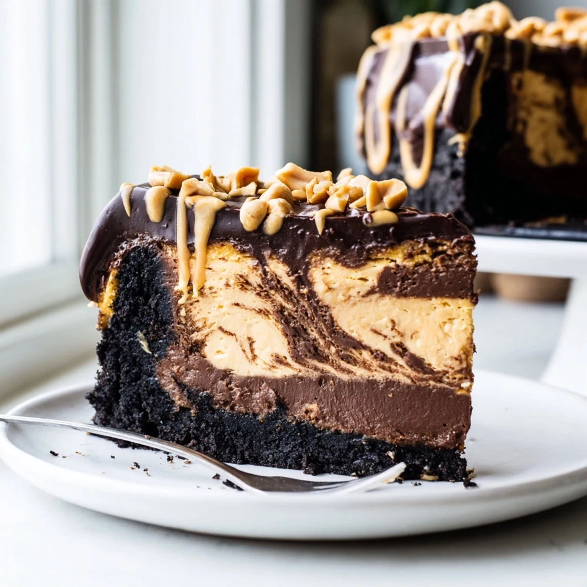 Creamy chocolate peanut butter cheesecake sliced to reveal a rich marbled filling on a cookie crust