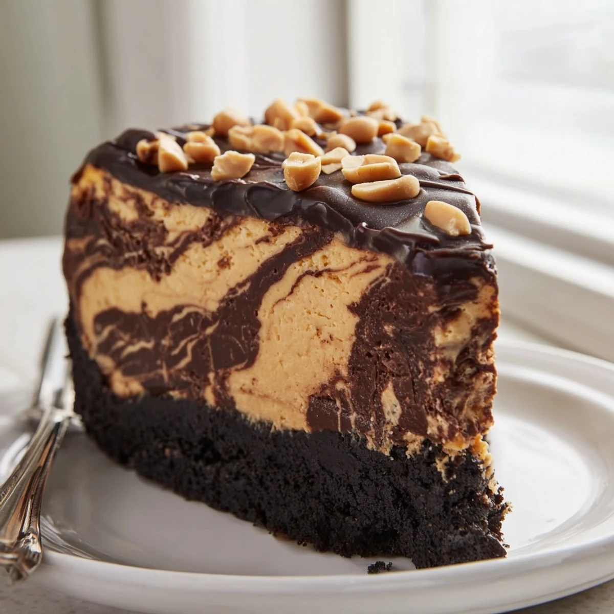 Decadent chocolate peanut butter cheesecake drizzled with glossy ganache and sprinkled with crunchy roasted peanuts