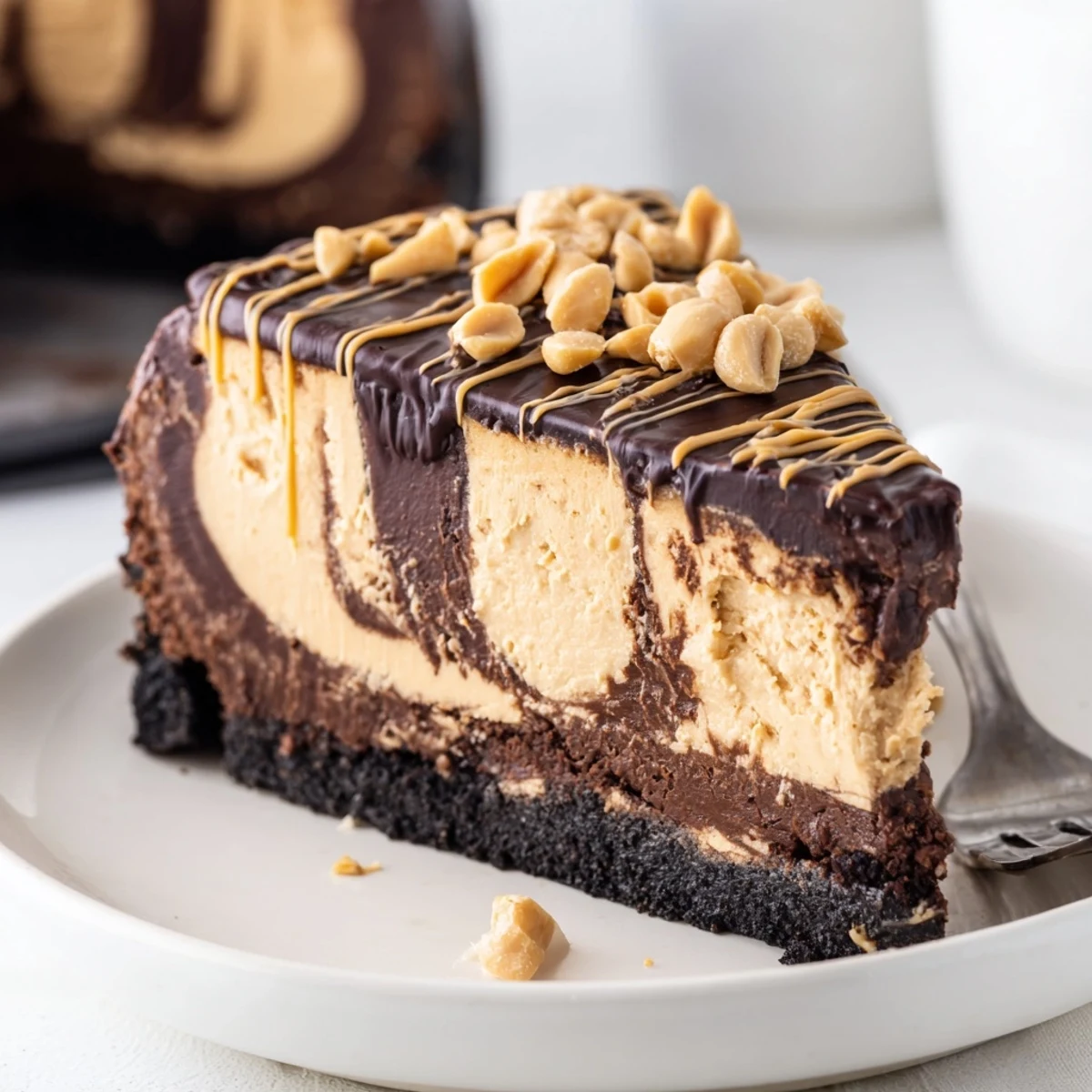 Smooth chocolate peanut butter cheesecake topped with a thick layer of dark chocolate peanut butter glaze