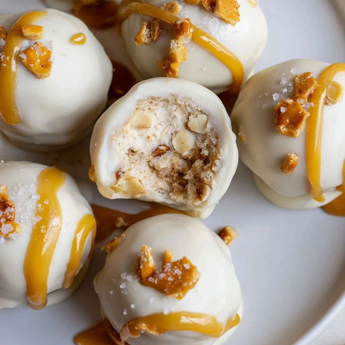 Golden-dipped salted caramel pretzel cheesecake balls topped with crunchy crushed pretzels and sea salt