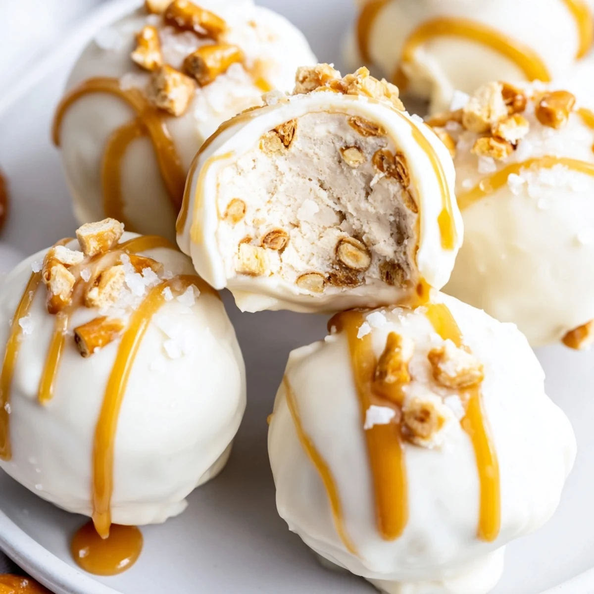 Bite-sized salted caramel pretzel cheesecake balls coated in white chocolate and drizzled caramel