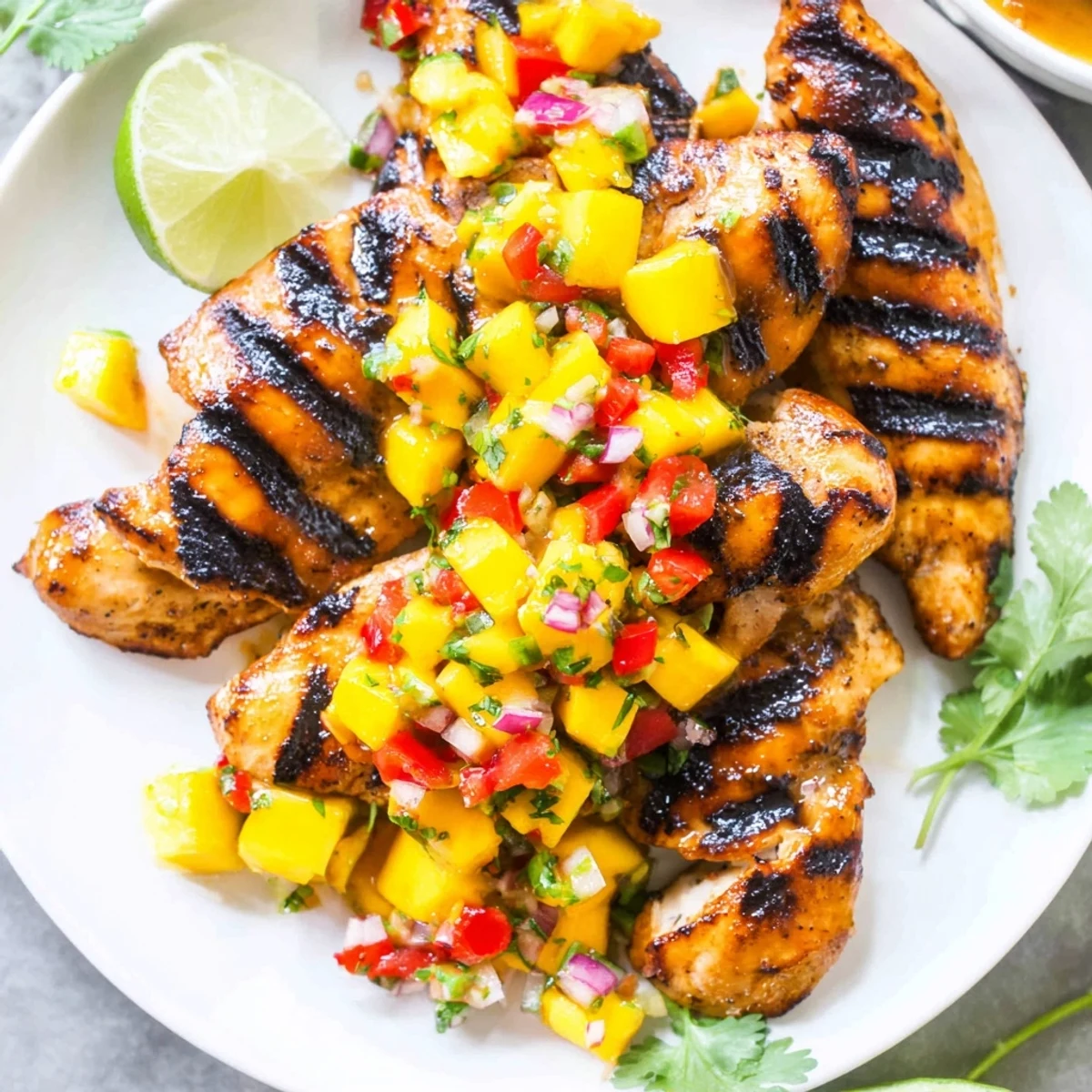Golden honey lime chicken with colorful mango salsa on a white plate