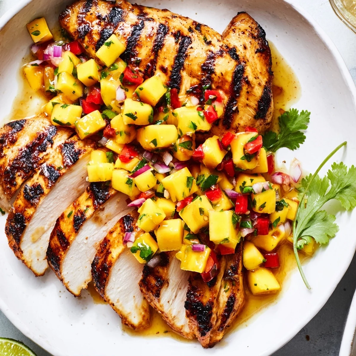 Grilled honey lime chicken topped with vibrant mango salsa and fresh cilantro
