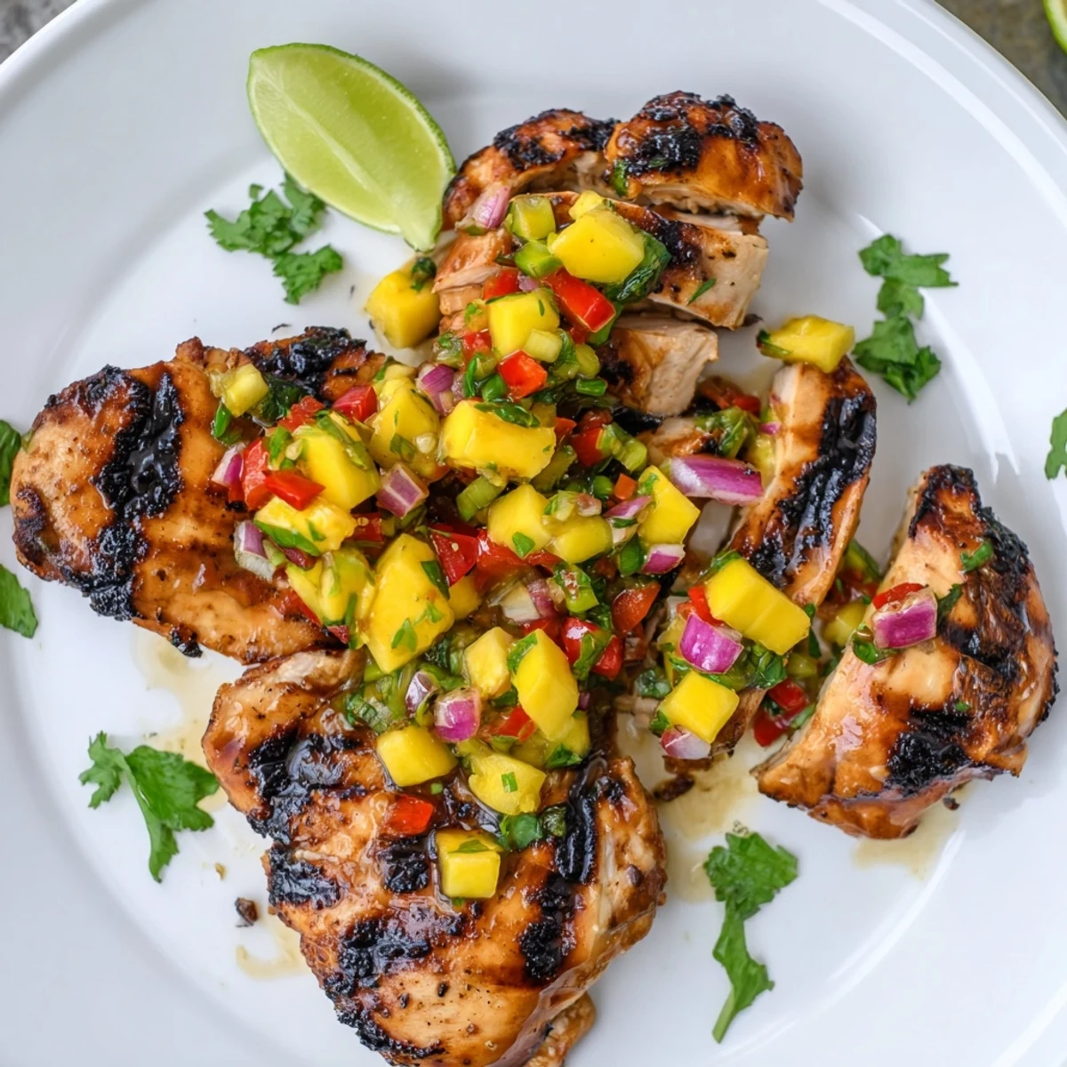 Juicy honey lime chicken sliced open, served with tropical mango salsa