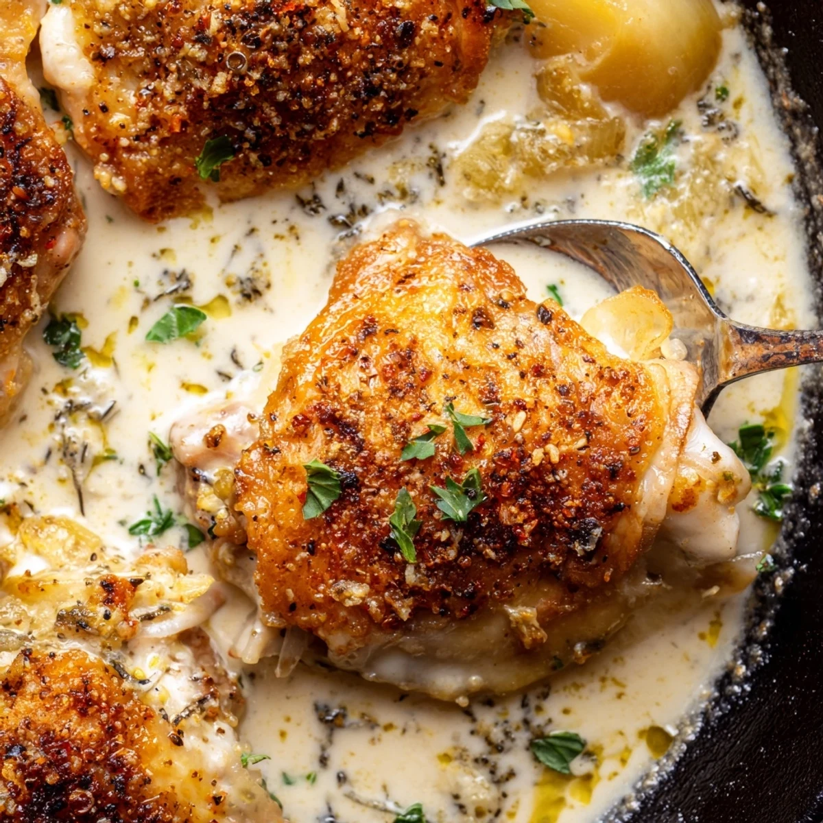 Crispy skinned oven baked chicken thighs rest in bubbling creamy herb sauce alongside parsley