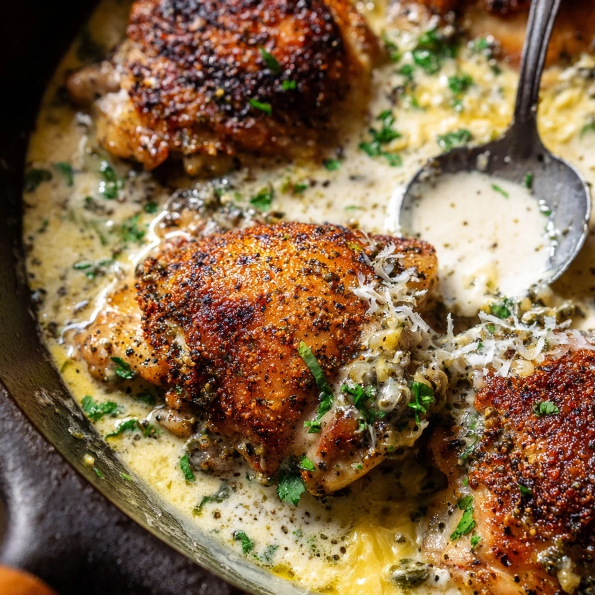 Golden oven baked chicken thighs swim in a creamy garlic parmesan sauce with herbs