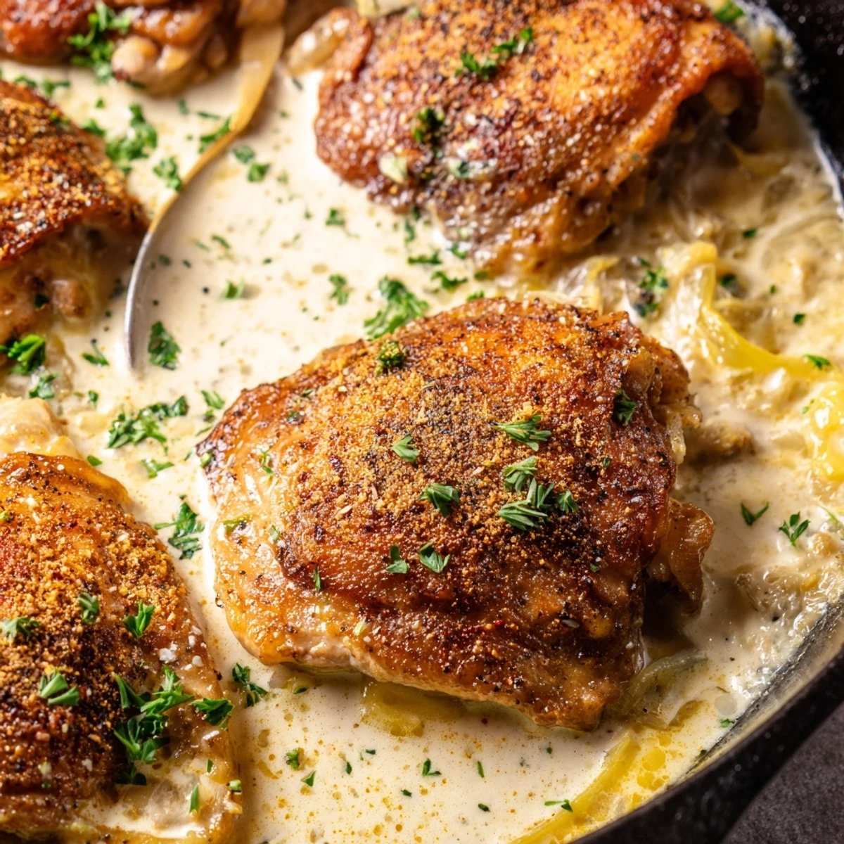 Oven baked chicken thighs nestled in rich velvety parmesan cream sauce in cast iron skillet
