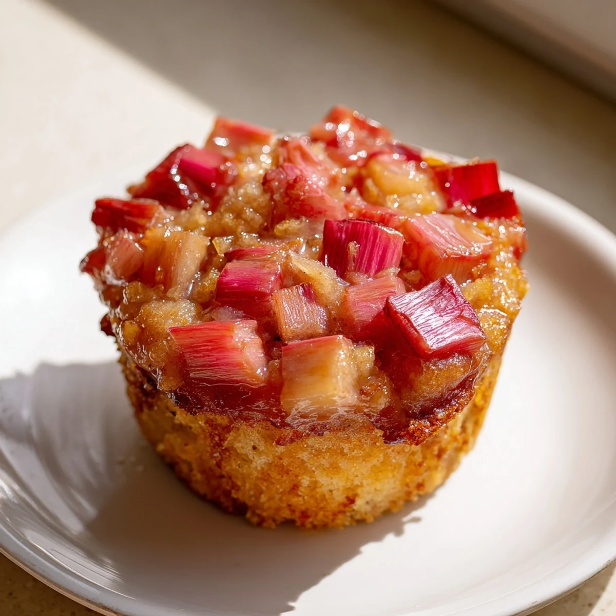 Golden upside down rhubarb muffins with caramelized fruit on a wire rack