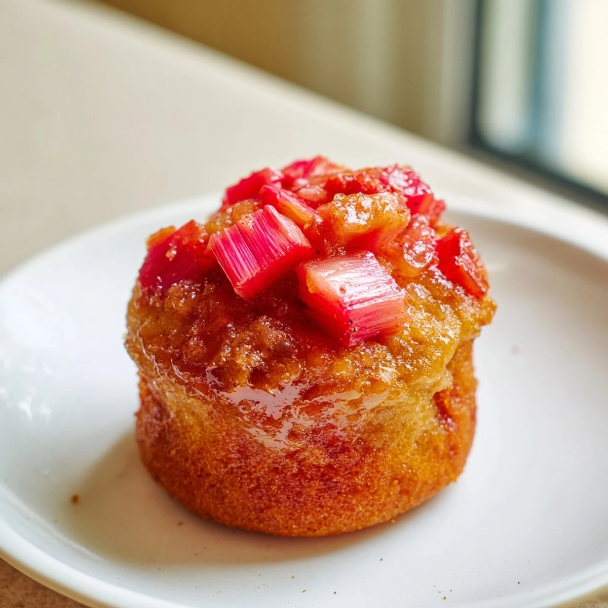 Moist upside down rhubarb muffins inverted to reveal glistening ruby rhubarb topping