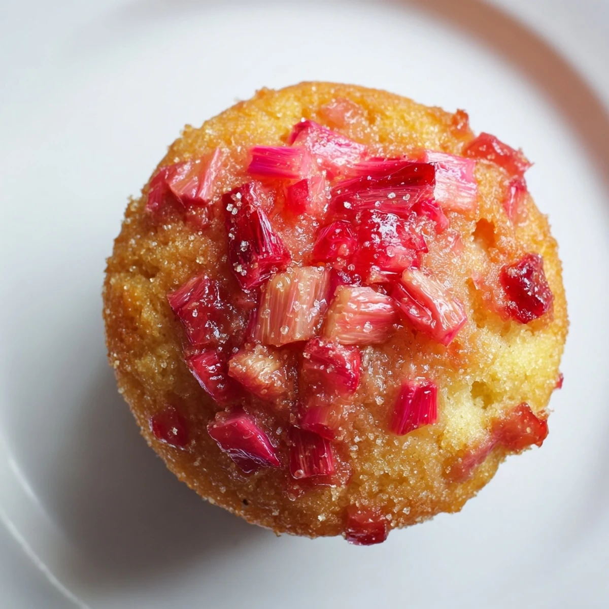 Warm upside down rhubarb muffins served on a rustic plate for brunch