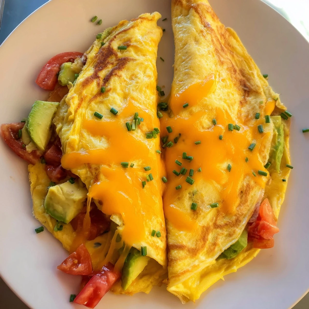 Golden avocado cheesy tomato omelette folded on a white plate with melted cheddar