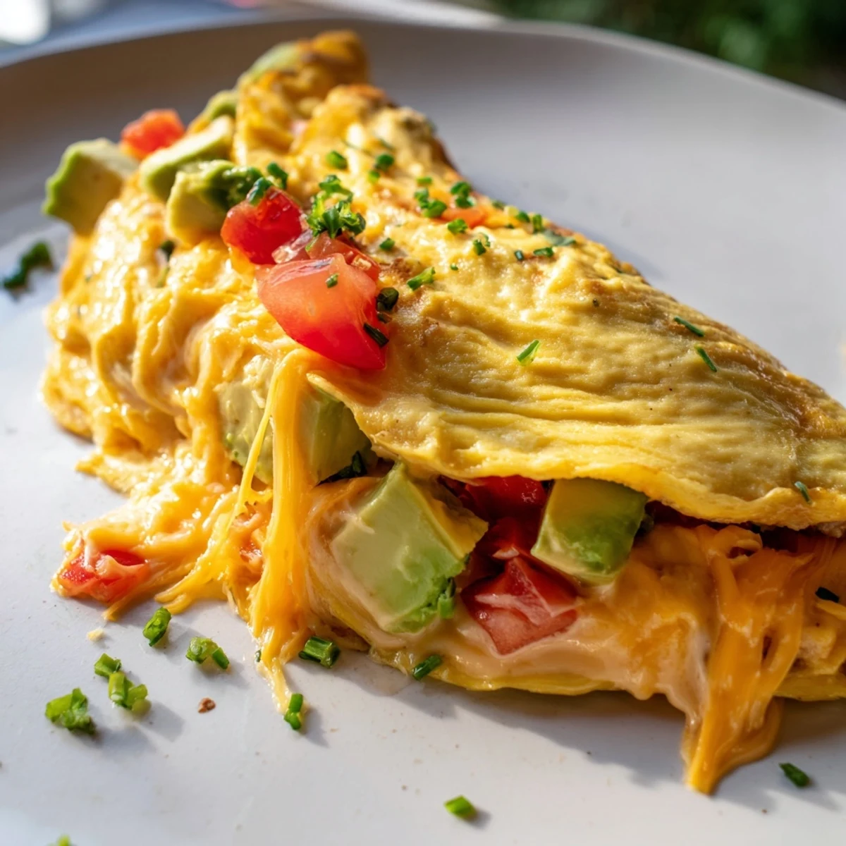 Steaming cheesy tomato avocado omelette served on a rustic plate for a hearty breakfast