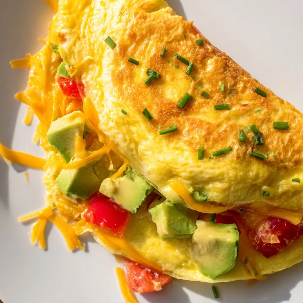 Creamy avocado cheesy tomato omelette topped with fresh chives and juicy diced tomatoes