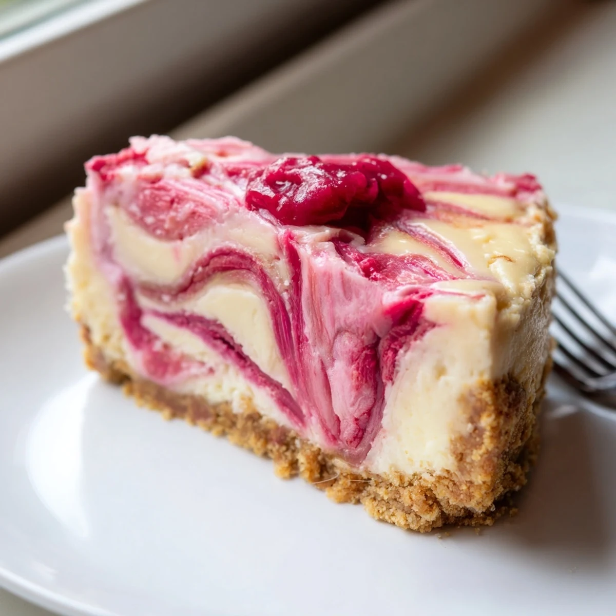 Creamy keto rhubarb cheesecake with vibrant pink swirls on a golden almond crust